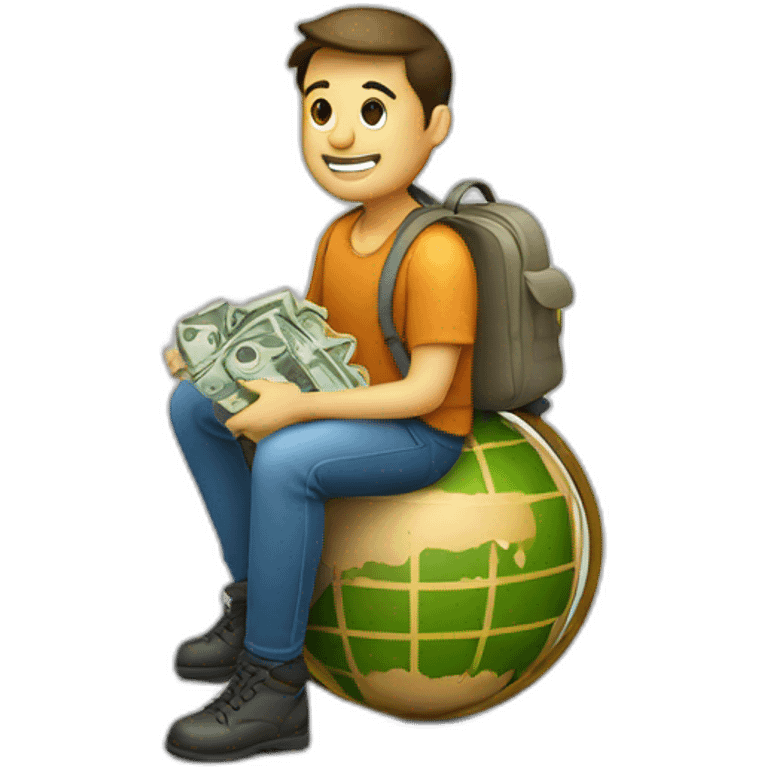 man sitting on globe with money bag emoji