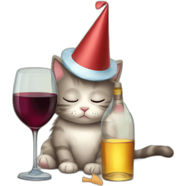 depressed tired kitty drinking wine and party hat on emoji