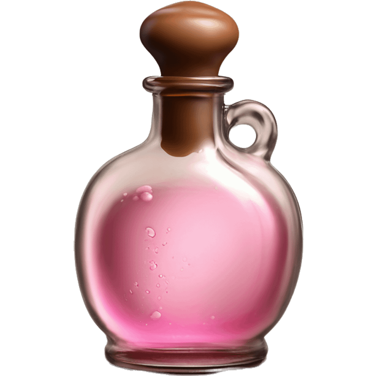 Mysterious Alchemical vintage glass potion bottle, exquisite bottle shape, old and shabby, with label, stylish and minimalistic, brown and pink, oil potion is poured out of the bottle, oil is spilled next to it emoji