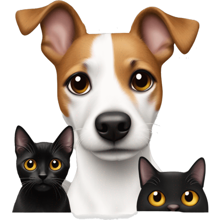 a jack russel terrier with black spots on face with 2 black cats emoji