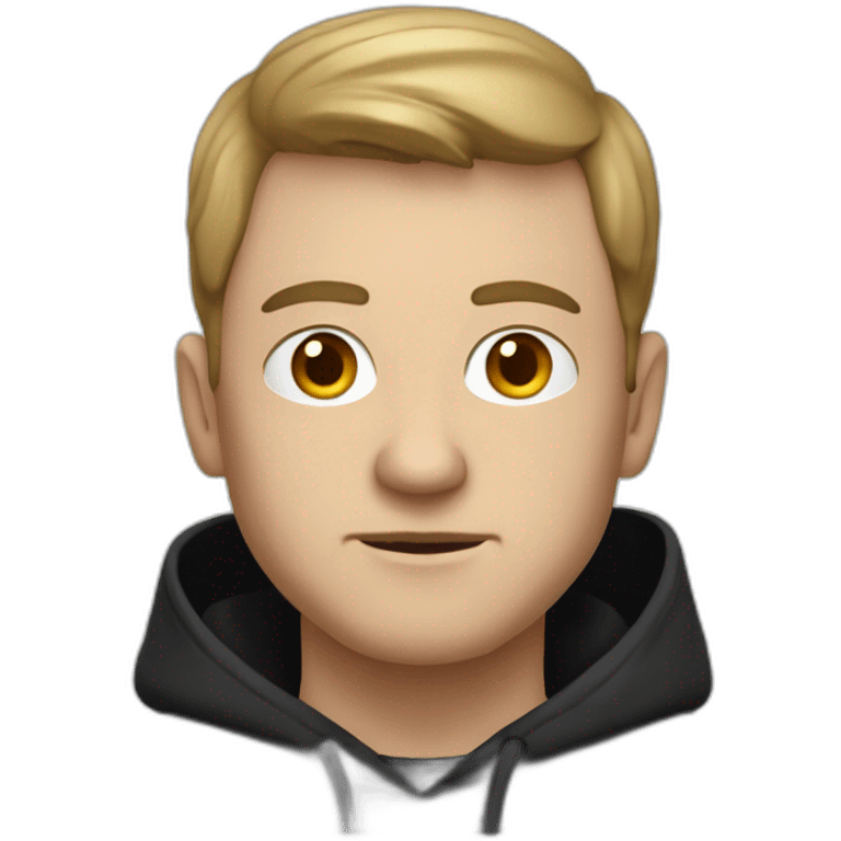 a serious-looking white man wearing a black hoodie facing a laptop screen emoji