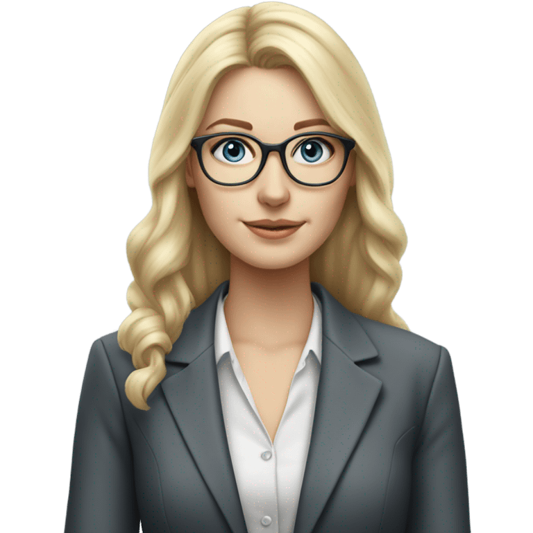 Pretty Caucasian blonde woman with glasses in a suit working, hyper realistic with blue eyes  emoji