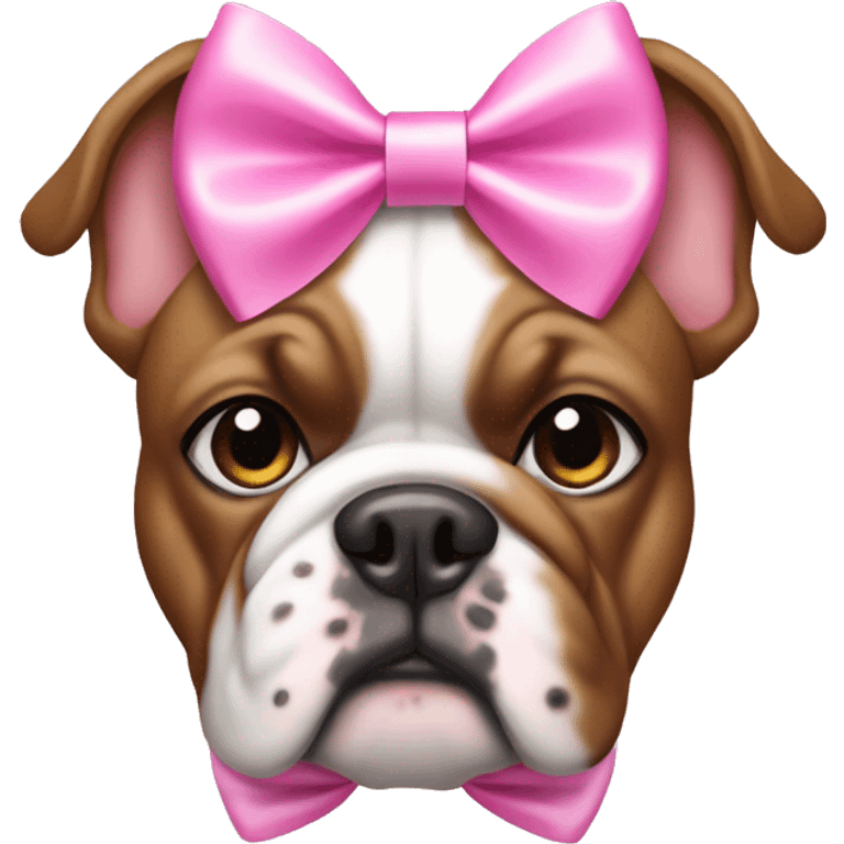 brown and white Bulldog wearing a pink bow emoji