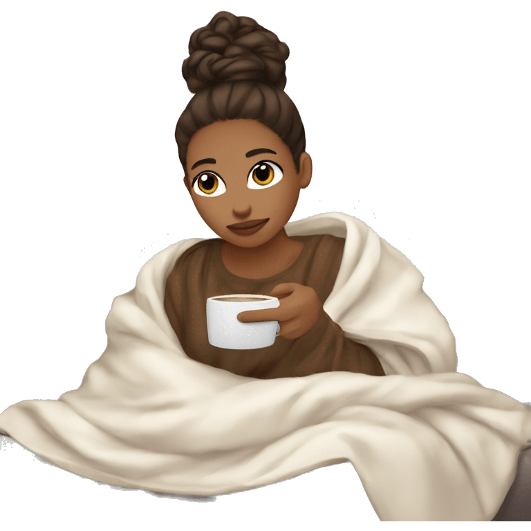 Me, brownskin, hair in a ponytail, white bow, drinking coffee while snuggled up in a blanket emoji