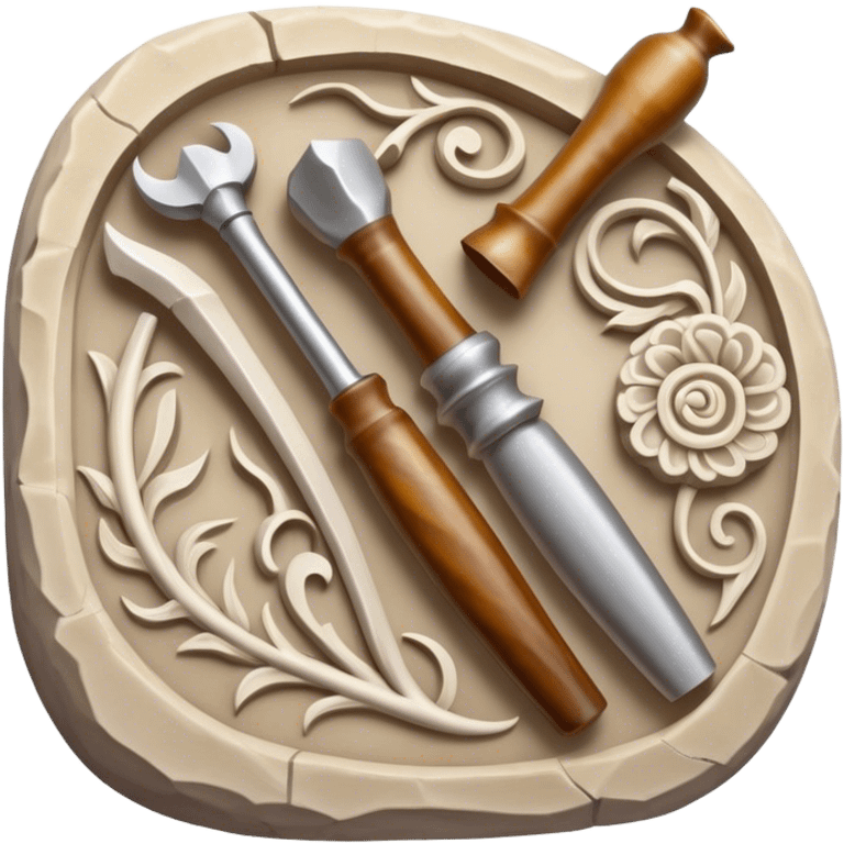 Stone, bone, and horn carving icon, detailed carving tools like chisels and gouges, pieces of stone, bone, and horn with intricate patterns, visible carvings in progress, minimalistic style, clean lines, transparent background. emoji