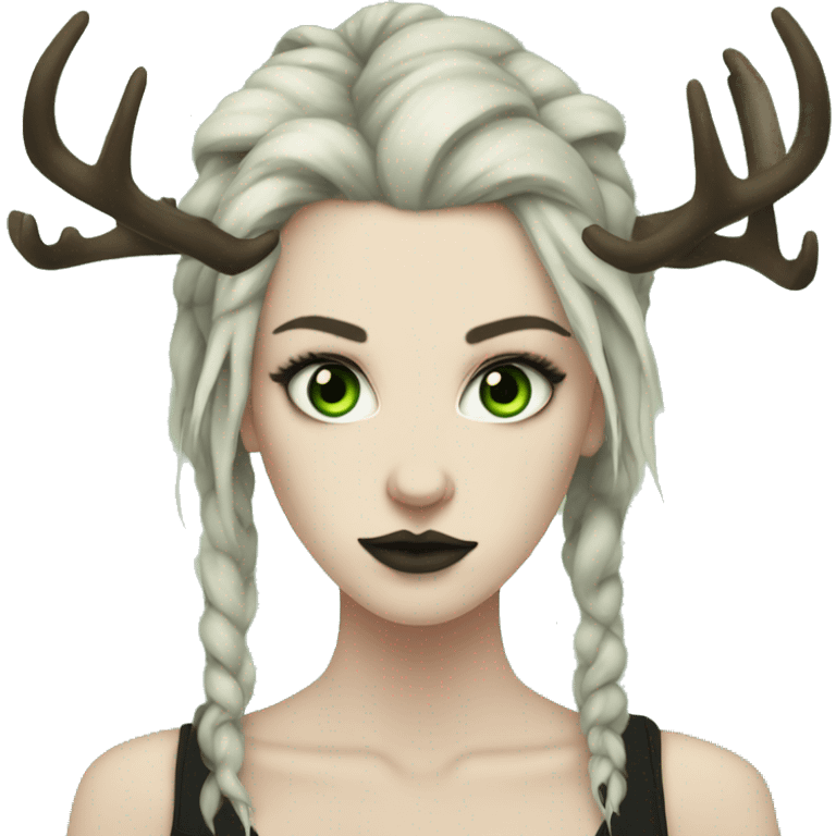 Portrait of a woman with pale skin, green eyes, black dreadlocks, eyeliner, deer antlers, punk, grunge emoji