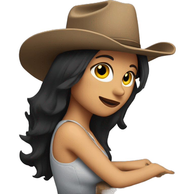 woman with dark hair infront of computer with a cowboy hat on head and sparkles behind emoji