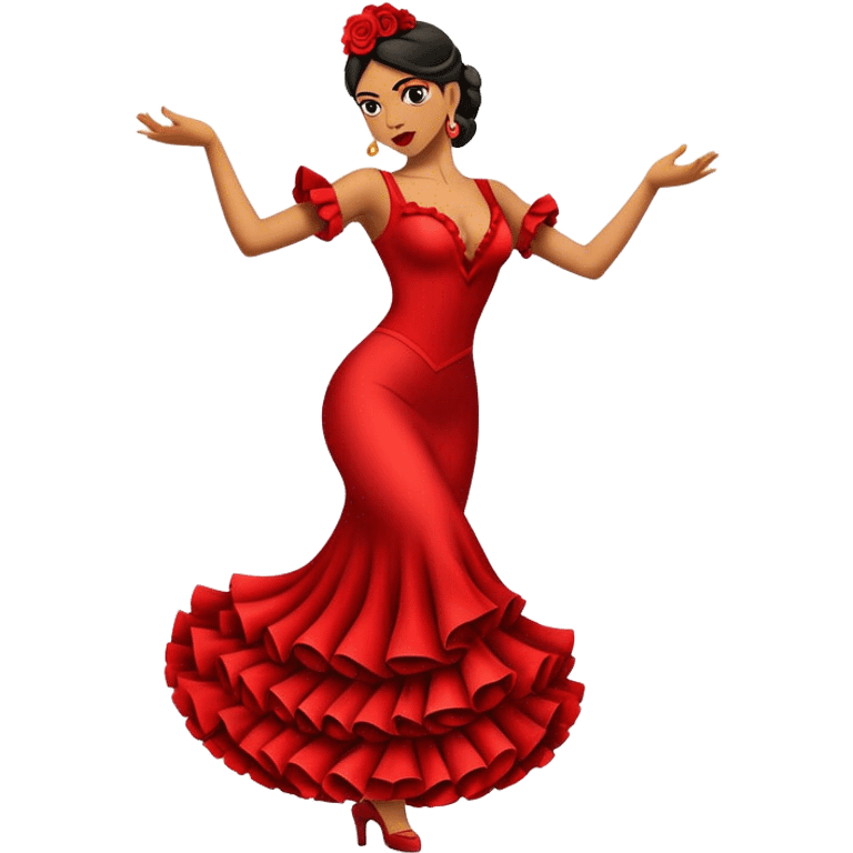 Cinematic Realistic Flamenco Dance Emoji, depicted as a passionate expressive flamenco performance with dramatic costumes and dynamic fiery movements, rendered with vibrant textures and bold energetic lighting that captures its intense rhythm. emoji