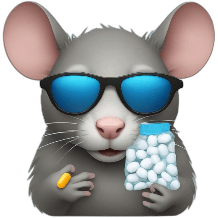 Rat wearing sunglasses with a plastic bag of pills emoji