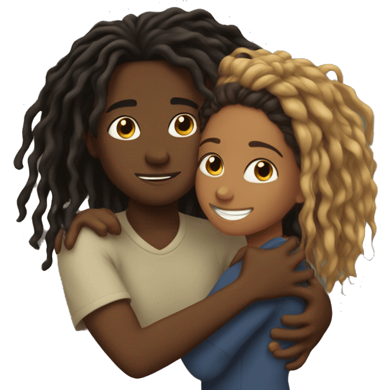 Brown girl with wavy hair hugging black boy who has dreads  emoji