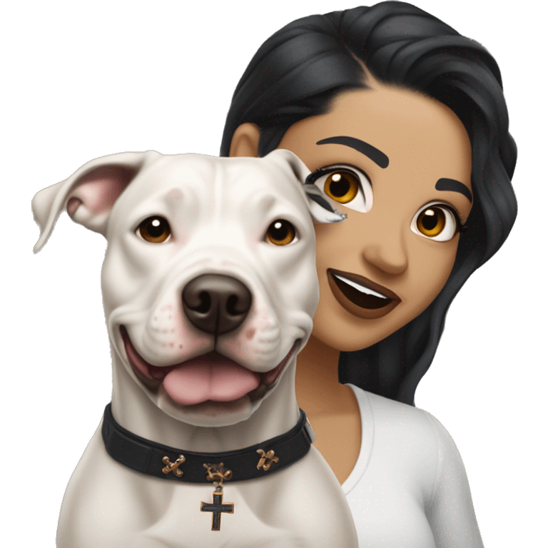 light skin woman with a face tattoo of a small cross near her eye and long wavy black hair expressing joy alongide a white and brown pitbull emoji