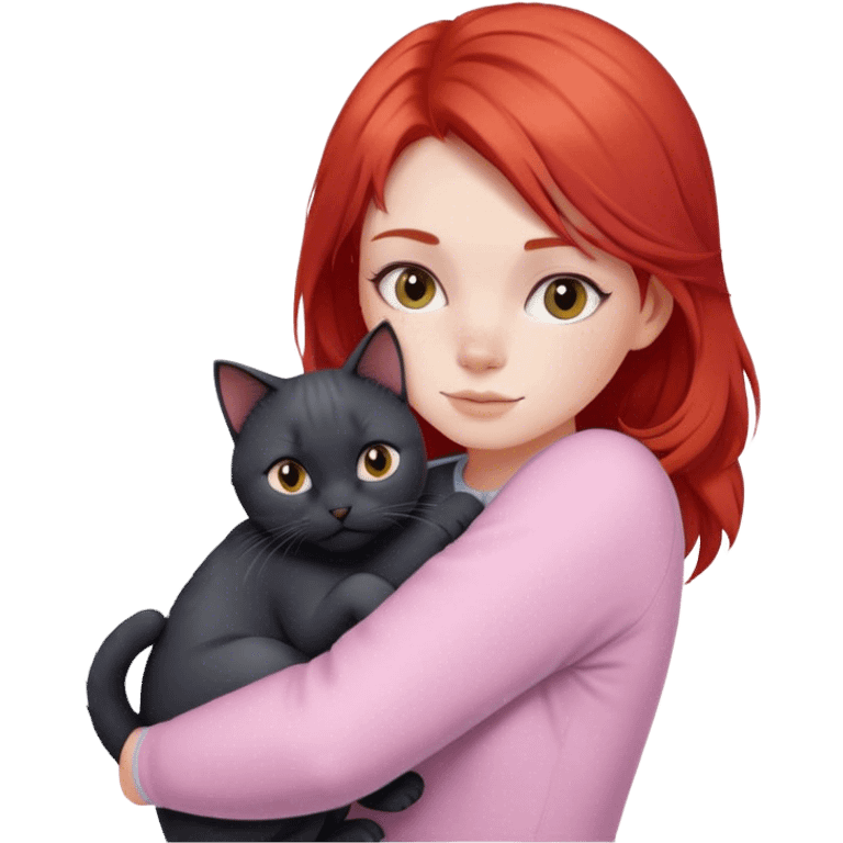 
a girl with red hair in pastel clothes hugs a black British cat emoji