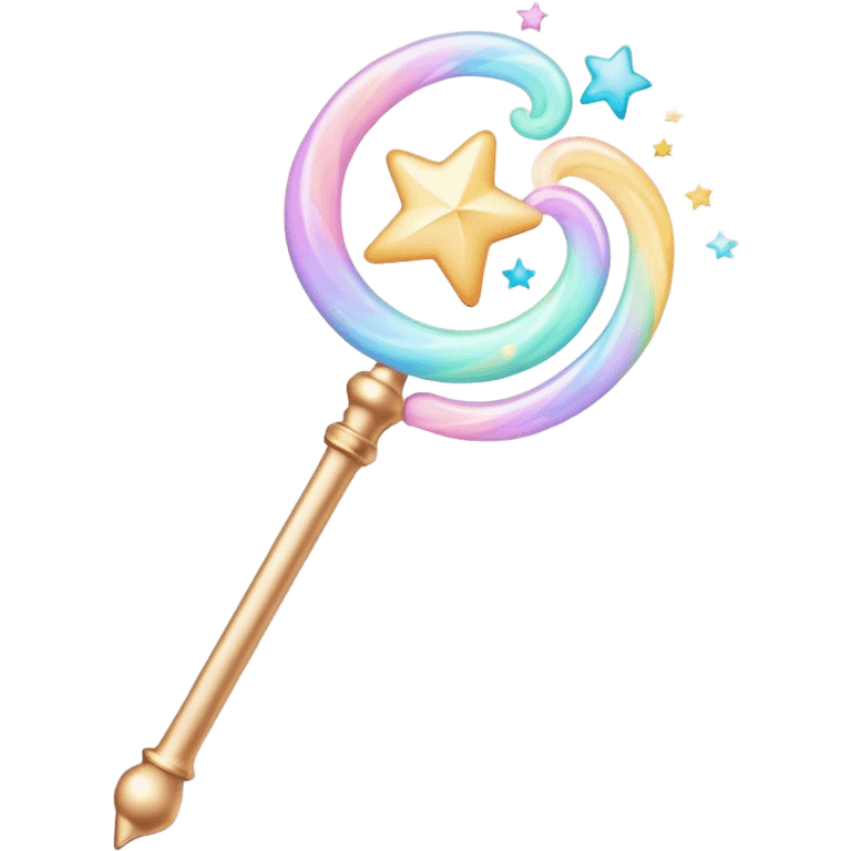 Cinematic cute magical wand, pastel swirls of color, tiny twinkling stars floating around, glowing softly, chubby rounded edges, whimsical and dreamy. emoji