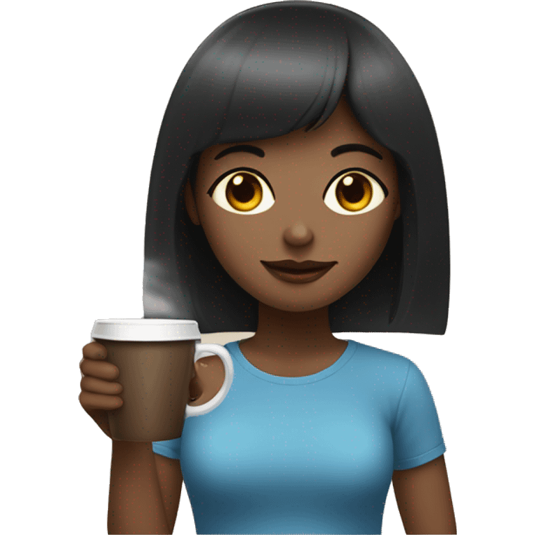 a girl with blue eyes with bangs on dark brown hair drinks coffee emoji