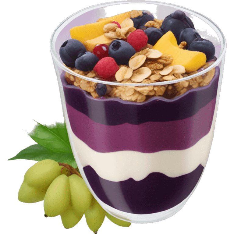 Açaí in a clear cup with layers of fruits and granola and condensed milk emoji