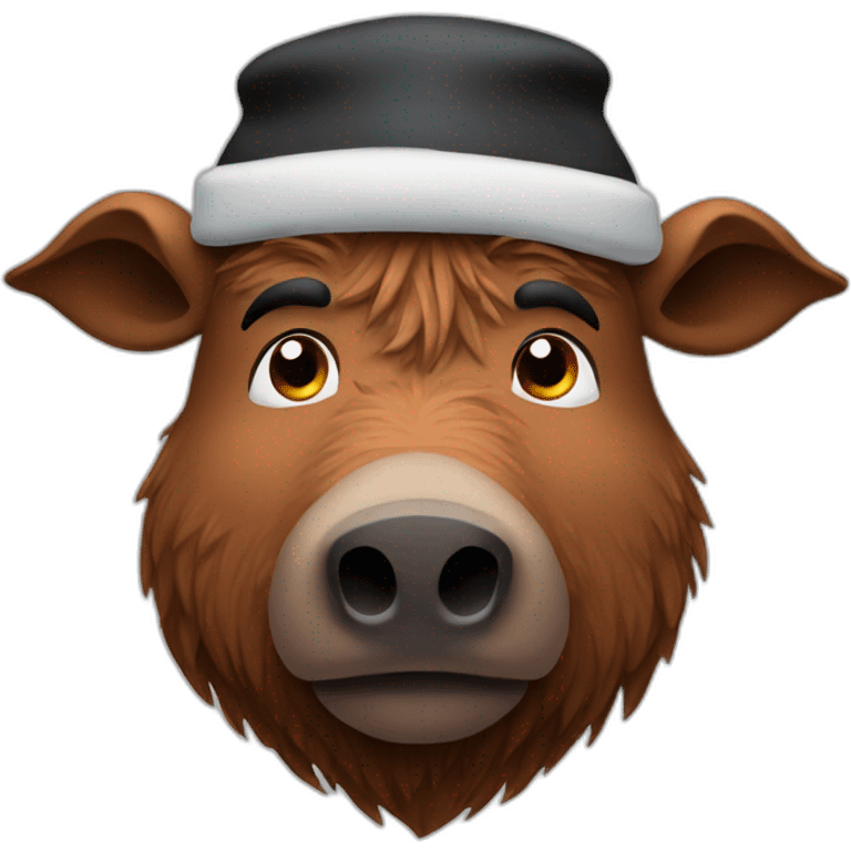 head and shoulders really sad big brown boar with black winter hat emoji