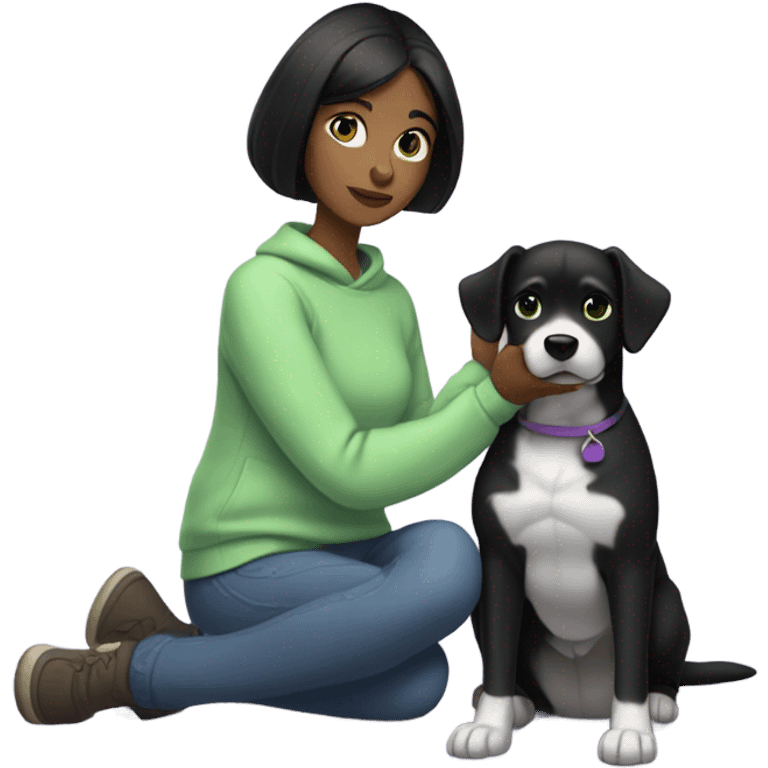 A lady with a black hair and green eyes and a lilac sweatshirt petting a black dog emoji