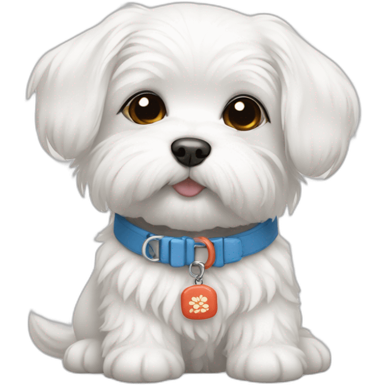 maltese puppy with collar that says Kimchi emoji