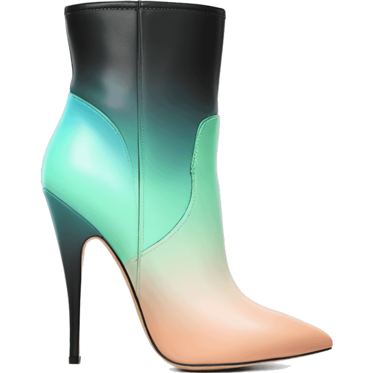 Real isolated top front view of a pair of black,peach,pastel green,pastel blue ombre Guess Jeans brand stiletto high heel ankle bootie boots emoji