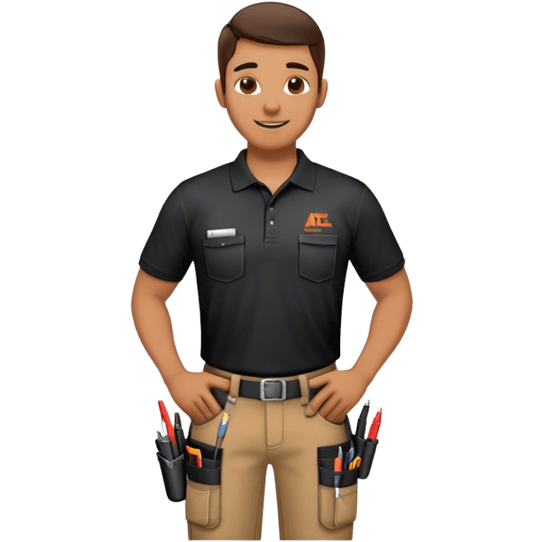 A skilled building technician with a friendly smile. He wears a black polo shirt with a company logo and dark work pants equipped with tool holsters. Holding a diagnostic tool and cables, he appears focused and professional, ready for maintenance or repair tasks. emoji