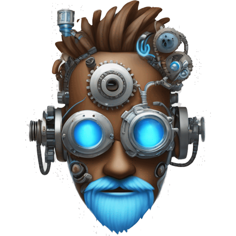 Brown cyborg head with blue Mohawk, blue beard, silver steampunk monocle goggles a smile and circuits emoji