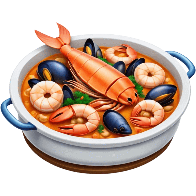 Cinematic Realistic Buzara Seafood Dish Emoji, depicted as a rustic, flavorful seafood stew with shellfish rendered with rich textures and dynamic, maritime lighting. emoji