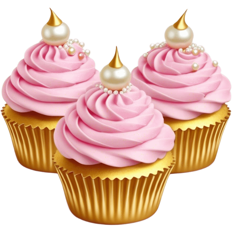 Cinematic Realistic Pink Cupcakes, fluffy pastel pink frosting swirled elegantly on top of golden cupcakes, tiny edible pearls adding a delicate touch, soft warm lighting creating a dreamy atmosphere, glowing with sweetness and charm. emoji