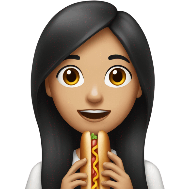 girl with long black hair, brown eyes, eating hot dog emoji