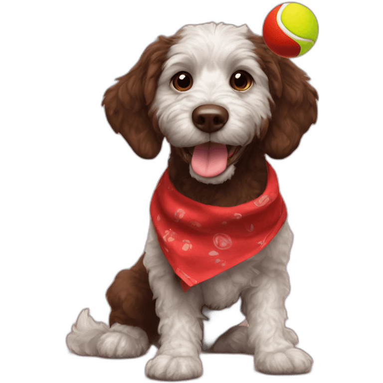 A chocolate colored doodle dog wearing a red and black handkerchief juggling three tennis balls emoji