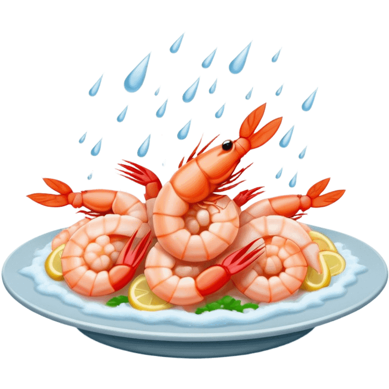 a big plate of shrimp getting rained on from a storm emoji