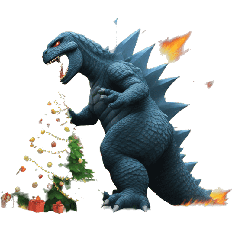 Godzilla destroying a Christmas tree with fire breath emoji