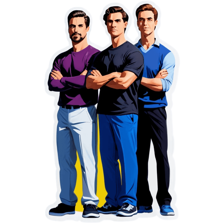 Three men, side-by-side with the arms, stand emoji