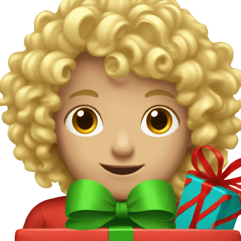 A little boy with long and blond curly hair and Christmas presents emoji