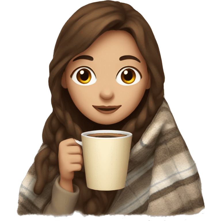 Brown hair Girl drinking coffee, with a cozy blanket emoji