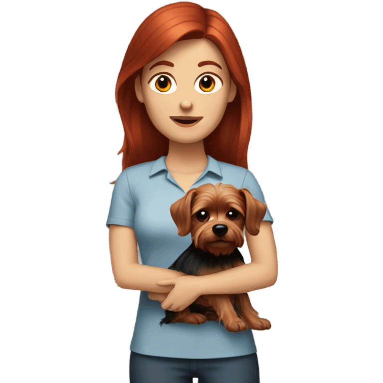 white woman with the dark red hair holding a yorkie emoji