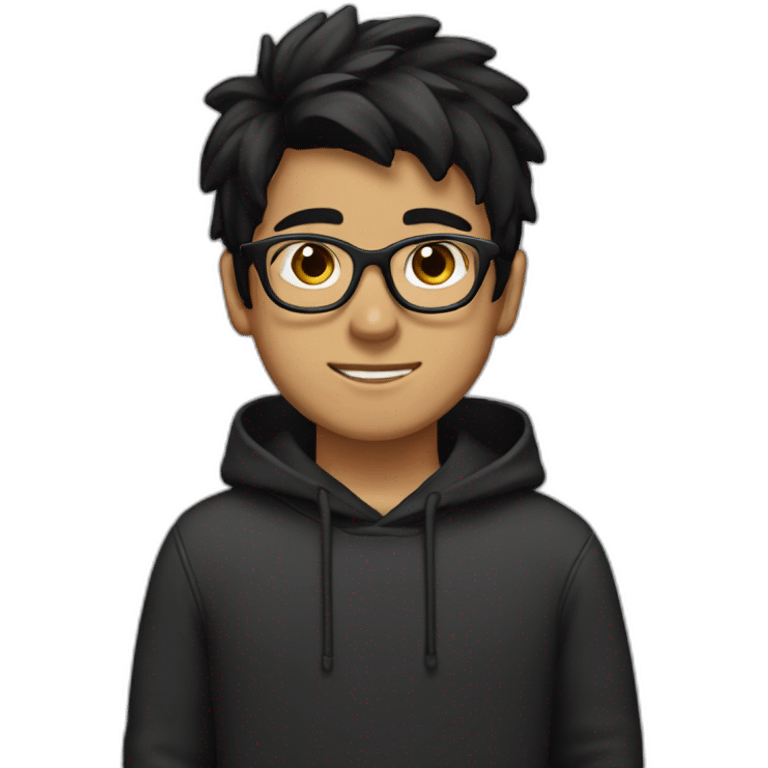 hispanic boy wearing glasses in a black hoodies with straight black hair with brown eye emoji