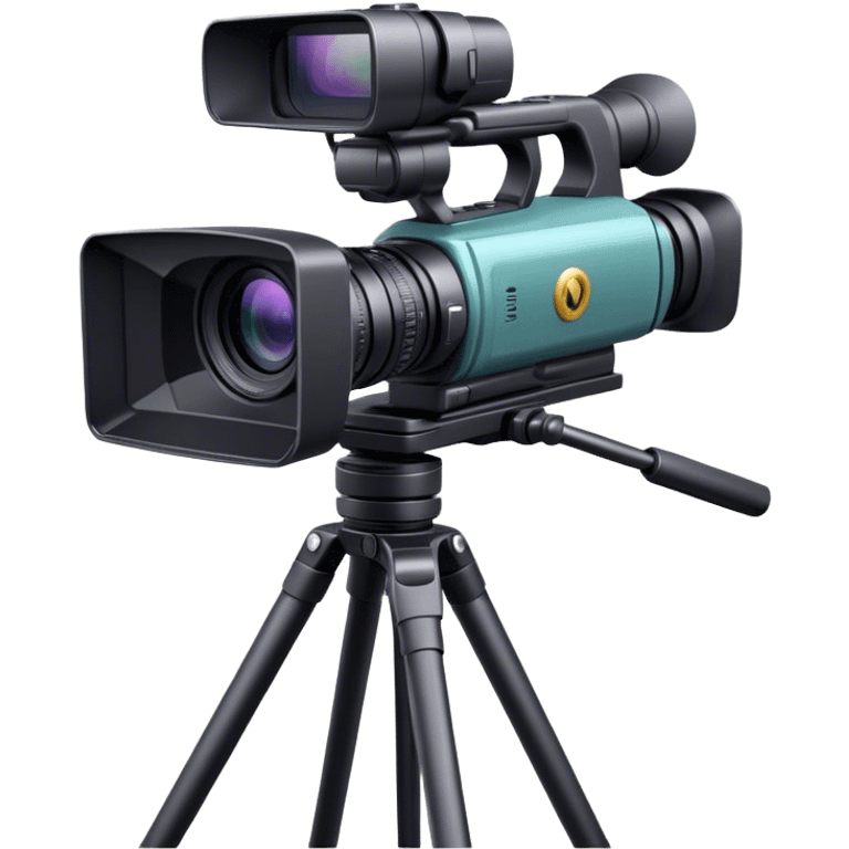 Create an emoji for video recording. Show a  single lens professional video camera with screen and image on it, on heavy tripod. Use modern, professional colors. Do not include any emojis or smiley faces. Make the background transparent. emoji