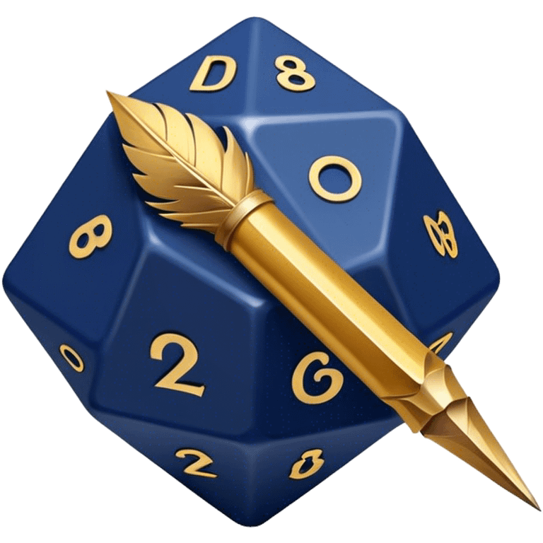 A golden quill crossing with a d20 that has no marks or numbers
Color: Gold and deep navy blue emoji