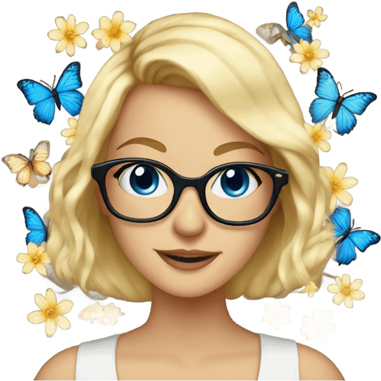 Gorgeous blond lady blue eyes wearing glasses with flowers and butterflies emoji