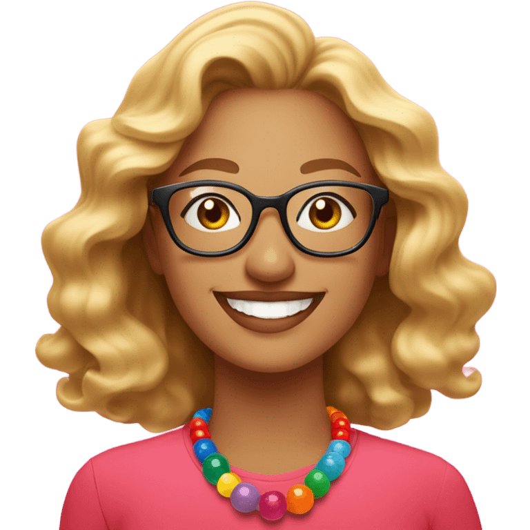 The moon  cheerful woman with wavy blonde hair and glasses, wearing a pink shirt and colorful beaded necklace, smiling brightly against a vibrant red background." emoji