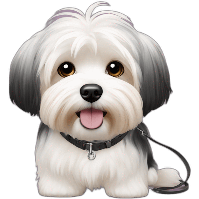 2 havanese dogs on leashes, 1 with patches of black emoji