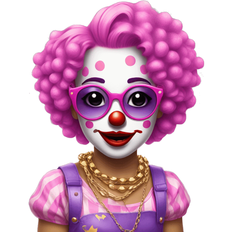 Girl Clown wearing pink sunglasses, glitter shirt, clown has pink and purple hair, gold chain,  emoji