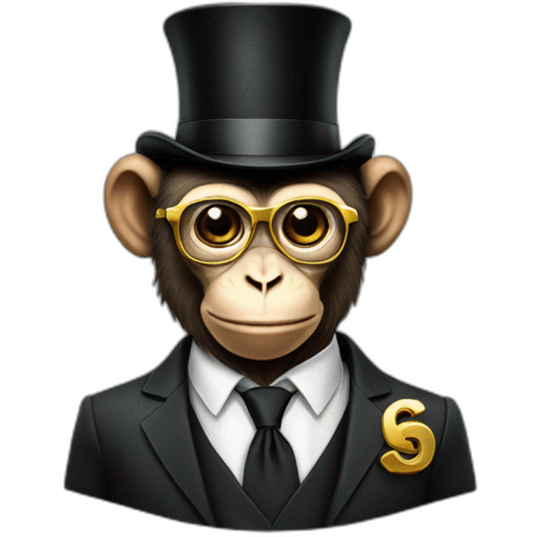 a monkey wearing a suit with a top hat with a gold chain and dollar sign glasses emoji