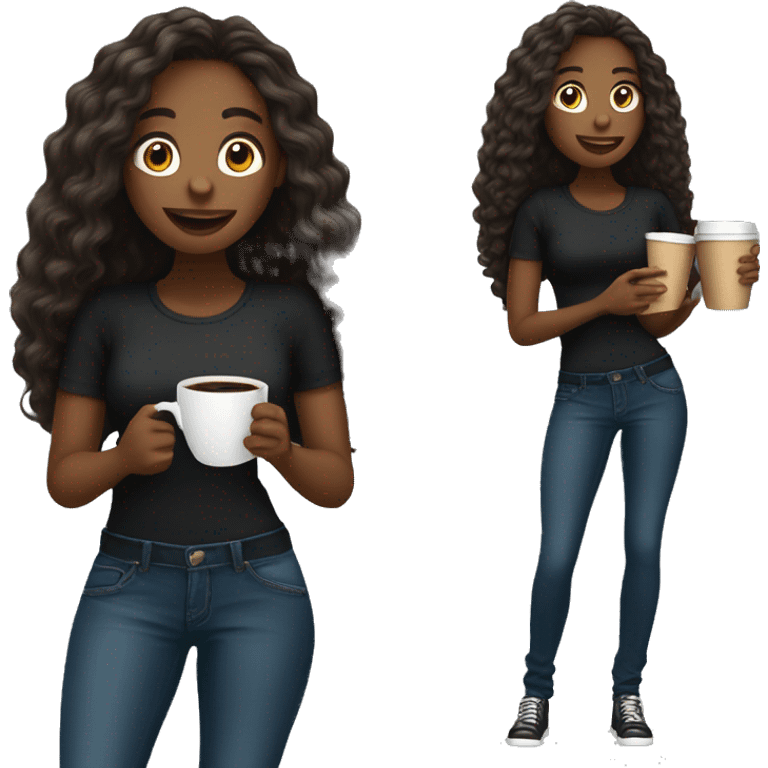 African American female with long hair talking on cellphone and holding a coffee wearing black shirt and jeans full length  emoji