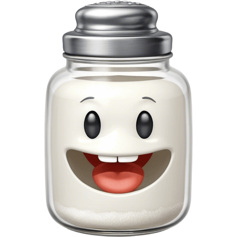 A mischievous anthropomorphic salt jar with transparent glass body and metal lid emoji