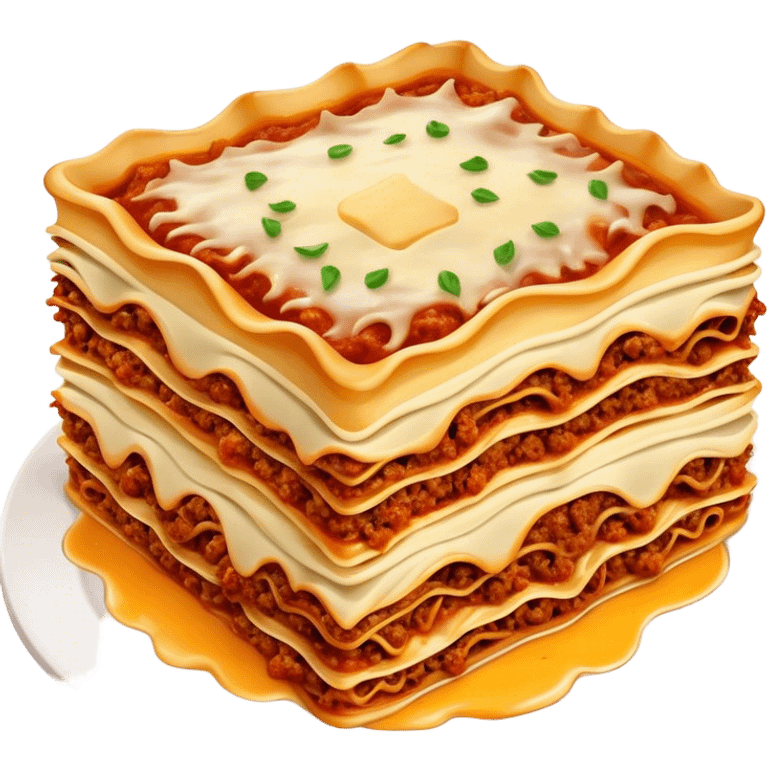 Lasagne alla Bolognese Cinematic Realistic Lasagne alla Bolognese Dish Emoji, depicted as a messy, layered pasta dish overflowing with melted cheese and rich meat sauce, rendered with hearty textures and warm, indulgent lighting. emoji