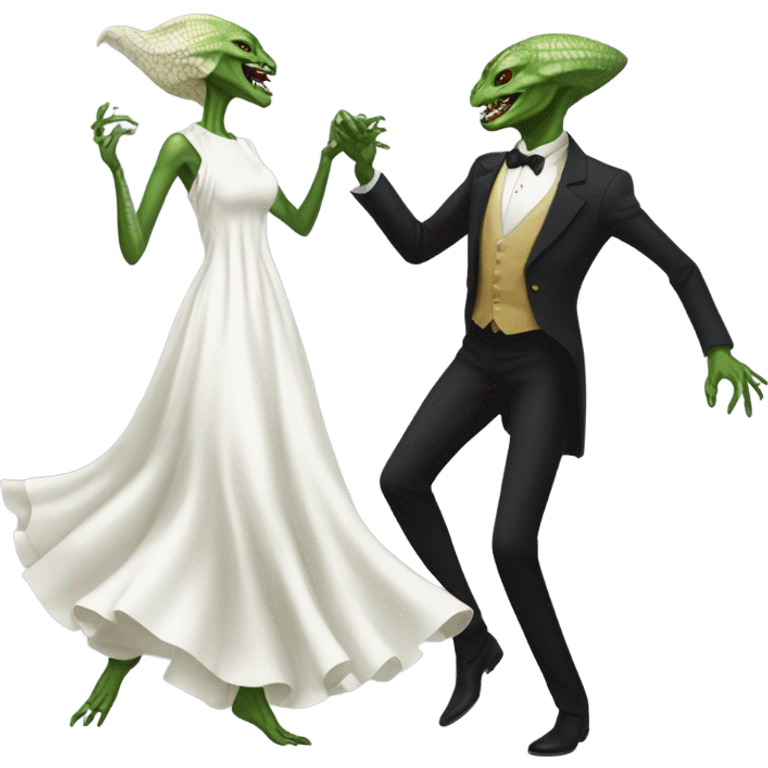  a Reptilian alien woman, in white dress, dance with a human man in frack emoji