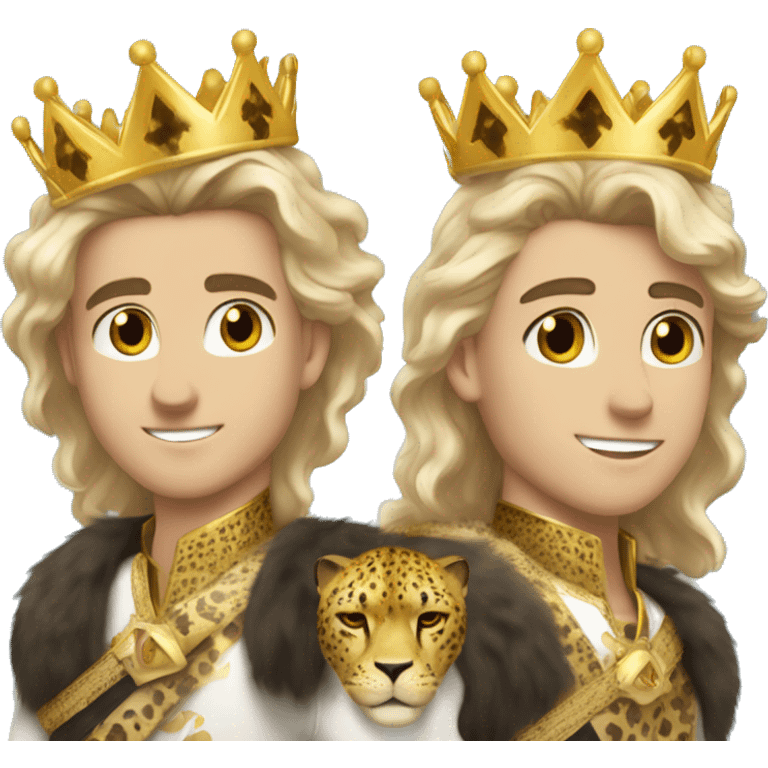 young white king with flowing dirty blonde hair, hazel eyes, stubble, a gold crown with a cheetah print sash emoji