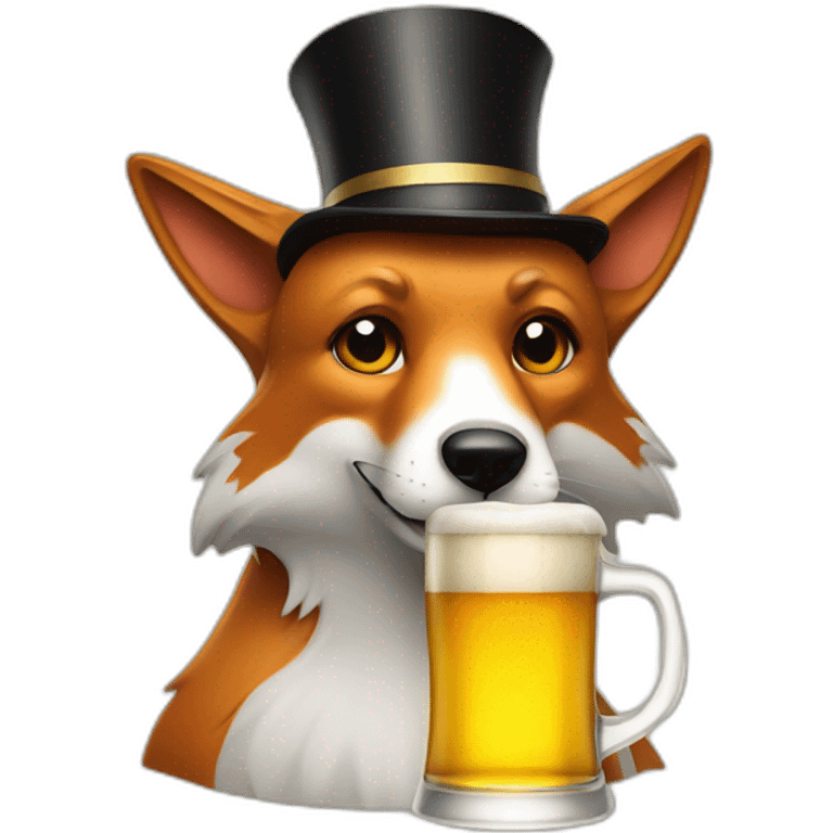 A dog like a fox drinking a beer with a high hat emoji