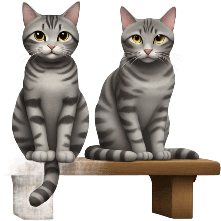 chubby gray tabby cat with skinny gray tabby cat sitting on bench emoji